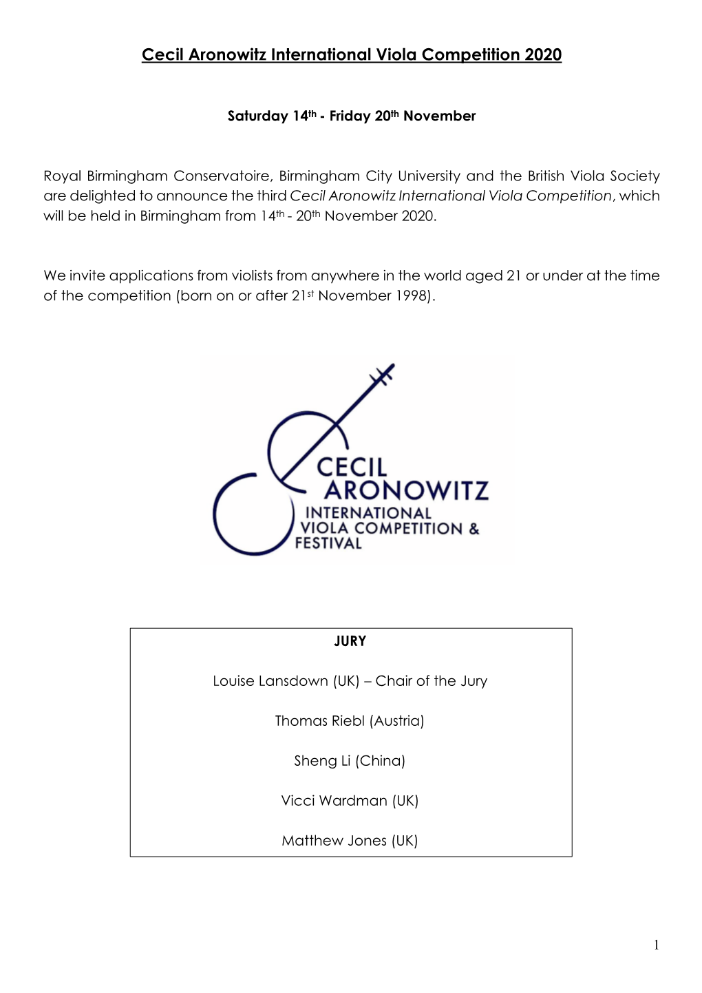 Cecil Aronowitz International Viola Competition 2020