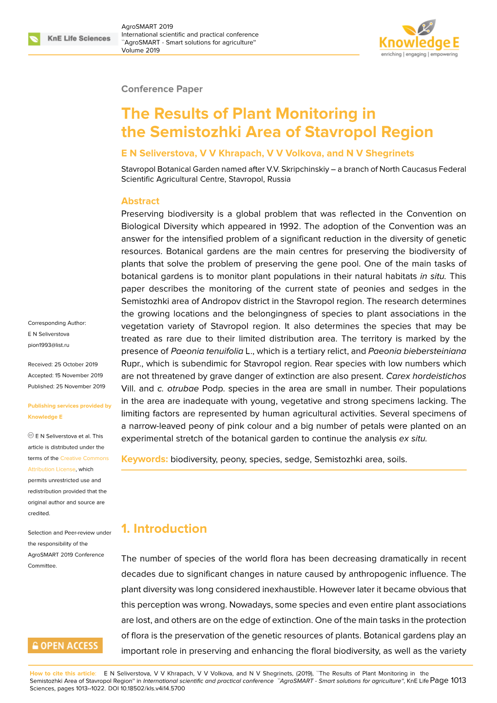 The Results of Plant Monitoring in the Semistozhki Area of Stavropol Region