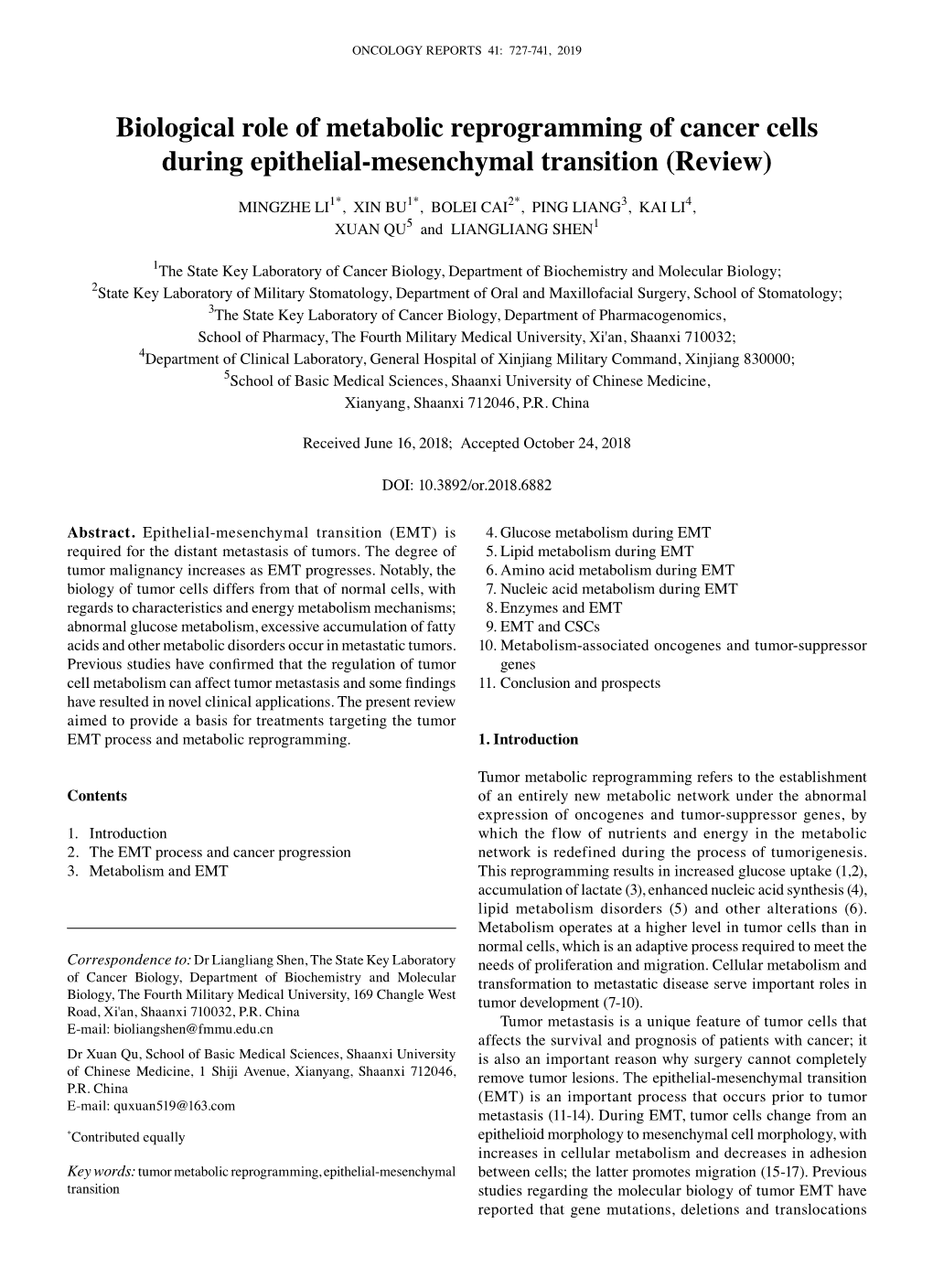 Biological Role of Metabolic Reprogramming of Cancer Cells During Epithelial‑Mesenchymal Transition (Review)