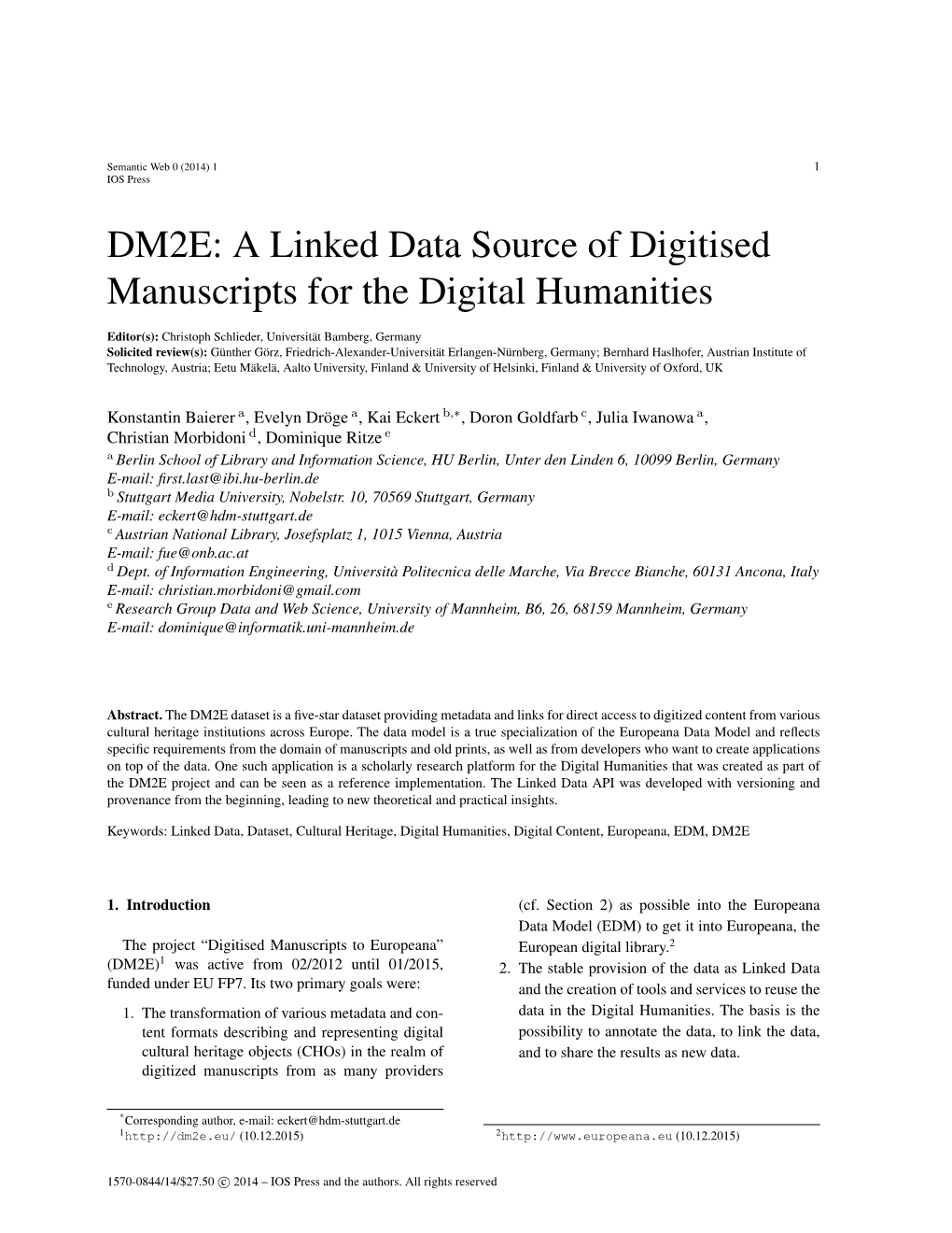 DM2E: a Linked Data Source of Digitised Manuscripts for the Digital Humanities