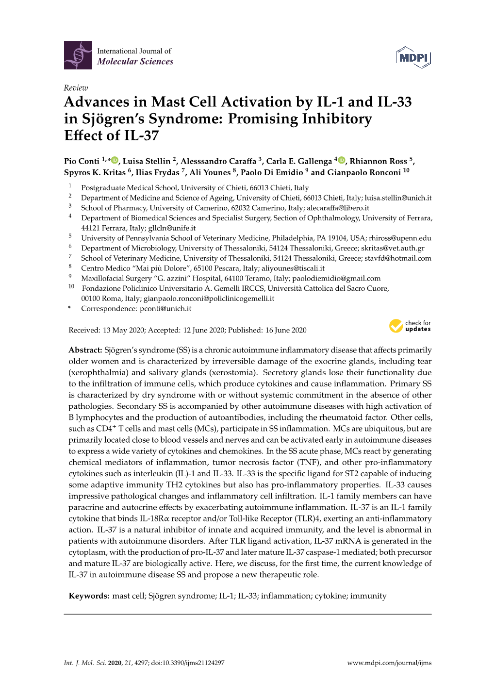 Advances in Mast Cell Activation by IL-1 and IL-33 in Sjögren's Syndrome