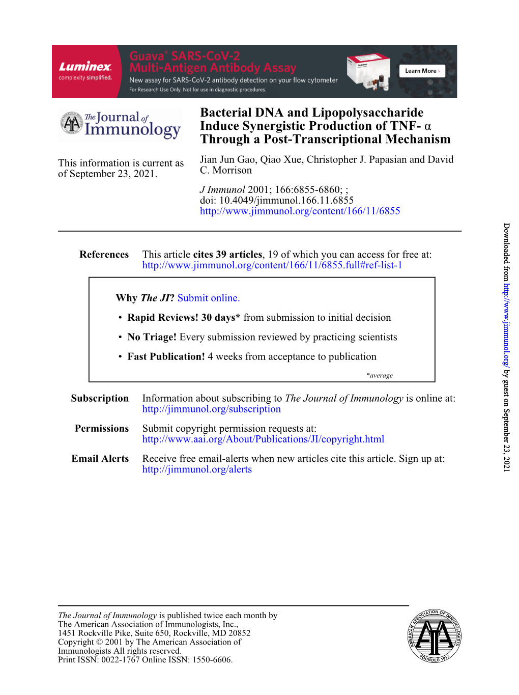 Bacterial DNA and Lipopolysaccharide Induce Synergistic Production of TNF- Α Through a Post-Transcriptional Mechanism