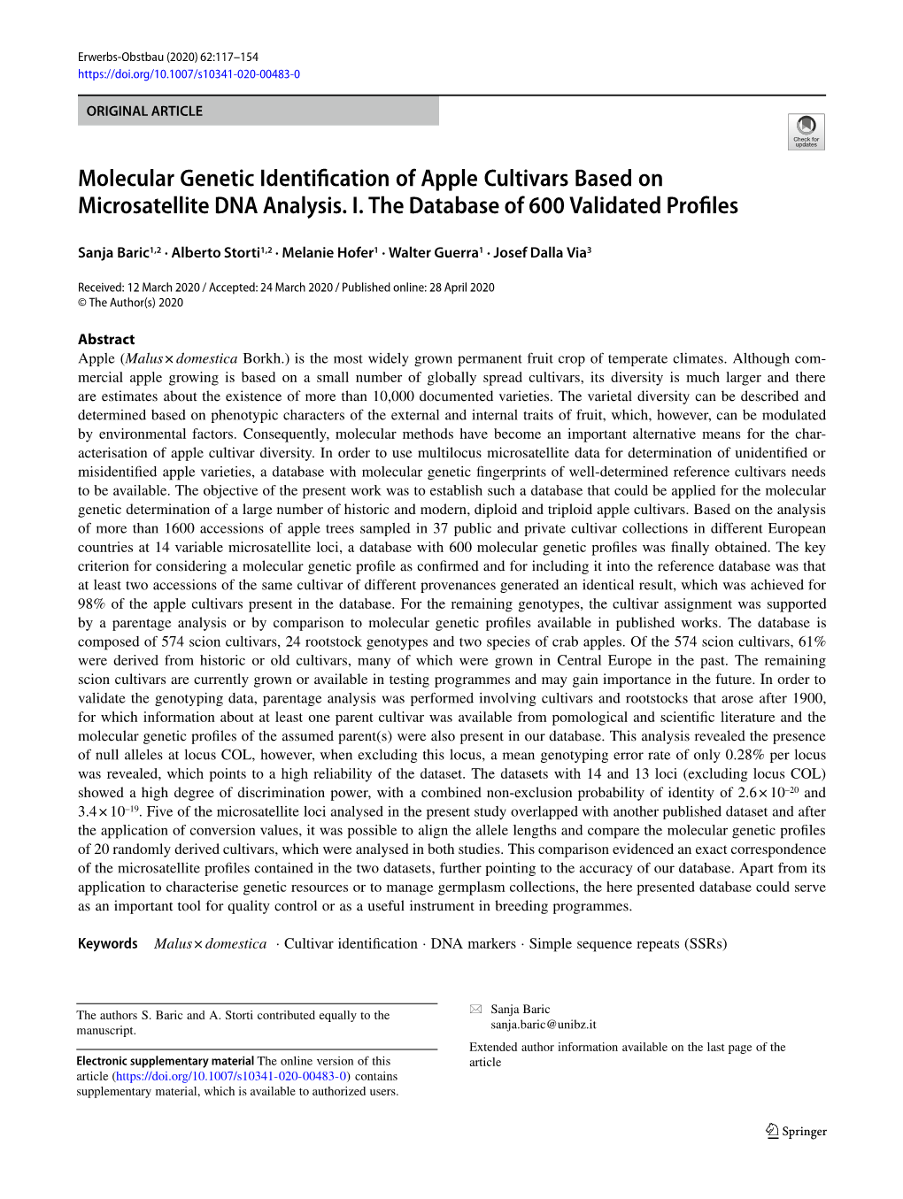 Molecular Genetic Identification of Apple Cultivars Based On