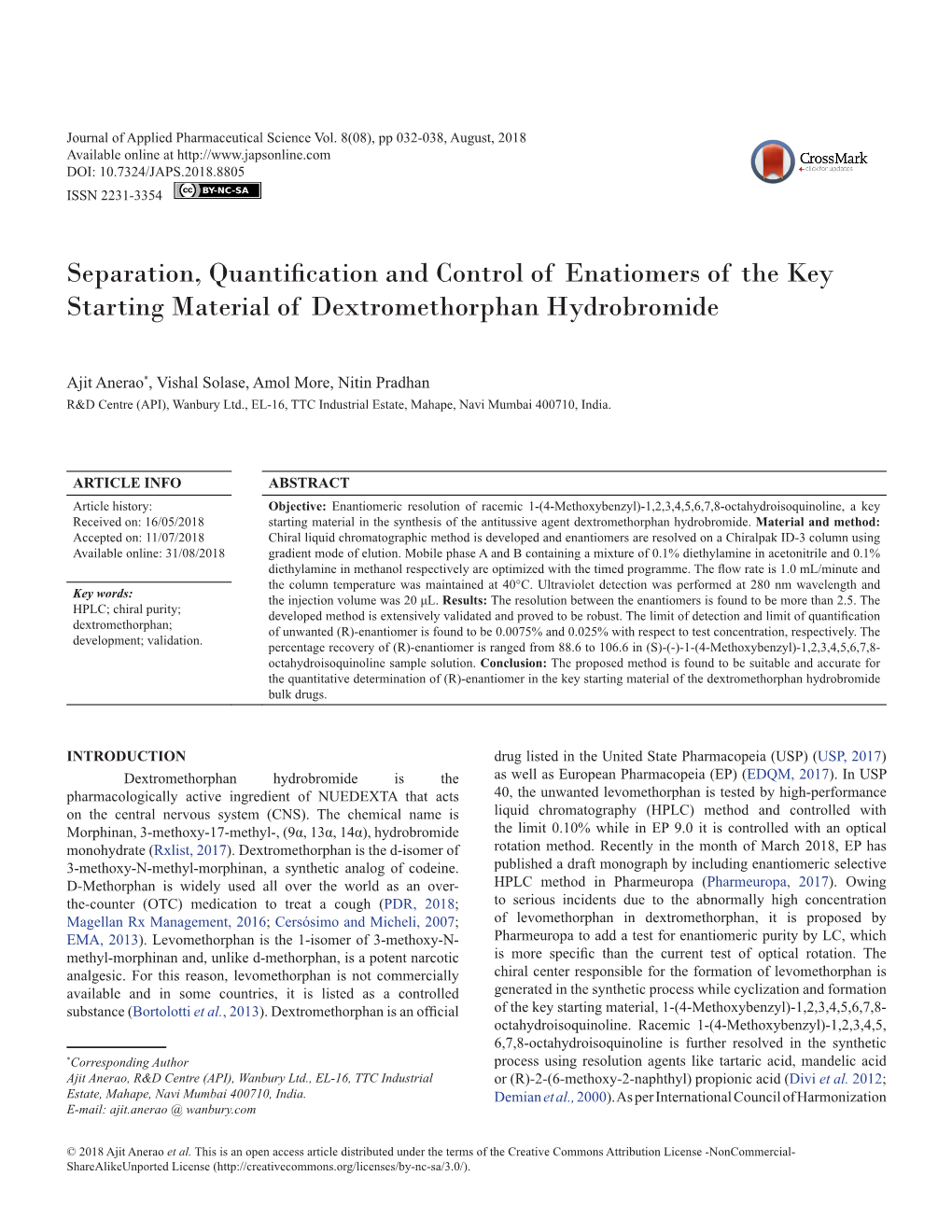 Separation, Quantification and Control of Enatiomers of the Key Starting Material of Dextromethorphan Hydrobromide