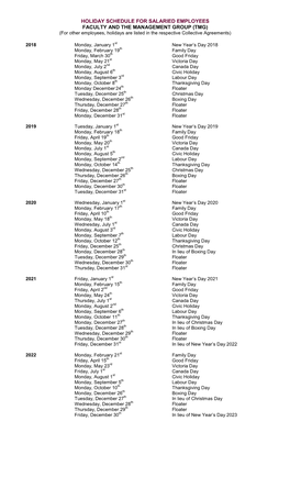 HOLIDAY SCHEDULE for SALARIED EMPLOYEES FACULTY and the MANAGEMENT GROUP (TMG) (For Other Employees, Holidays Are Listed in the Respective Collective Agreements)