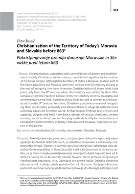 Christianization of the Territory of Today's Moravia and Slovakia Before 8631 Pokristjanjevanje Ozemlja Današnje Moravske In