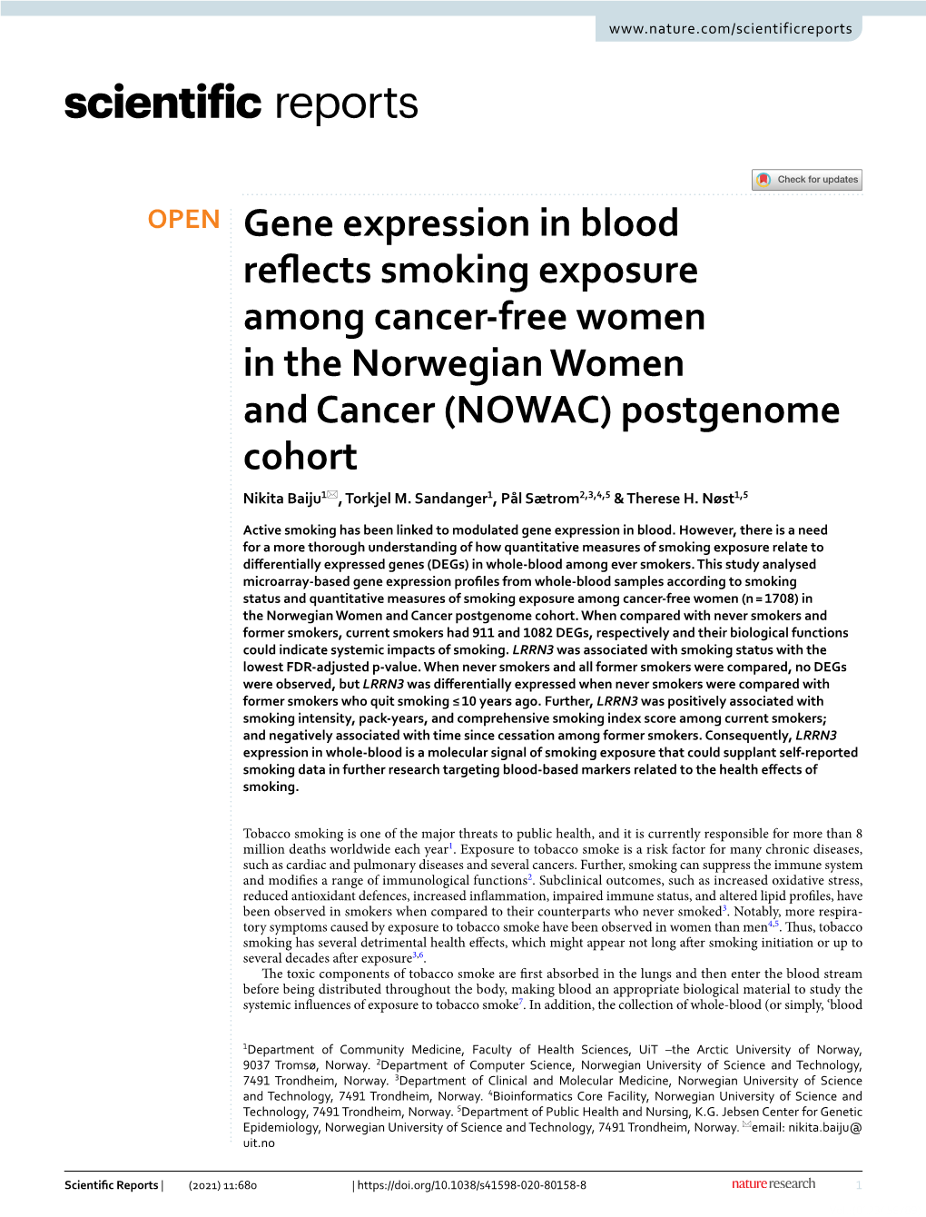 Gene Expression in Blood Reflects Smoking Exposure Among Cancer