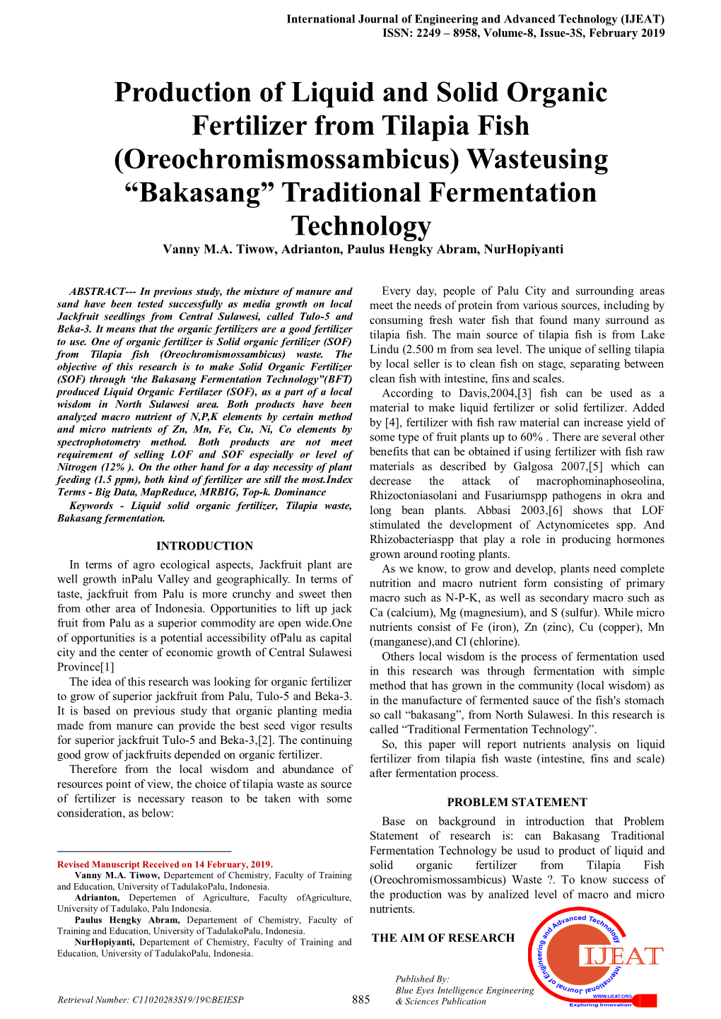 Production of Liquid and Solid Organic Fertilizer from Tilapia Fish (Oreochromismossambicus) Wasteusing “Bakasang” Traditional Fermentation Technology Vanny M.A