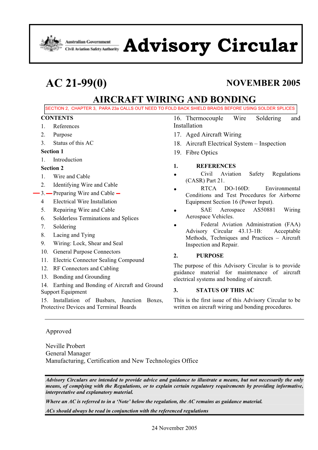 AC 21-99 Aircraft Wiring and Bonding Table of Contents