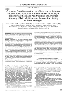 Consensus Guidelines on the Use of Intravenous Ketamine Infusions for Chronic Pain from the American Society of Regional Anesthe