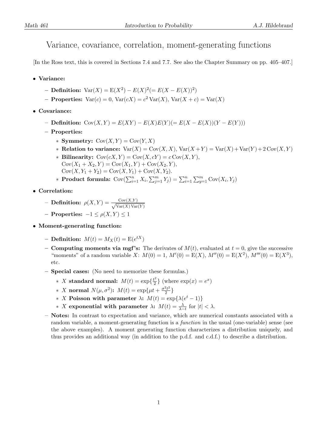 Variance, Covariance, Correlation, Moment-Generating Functions