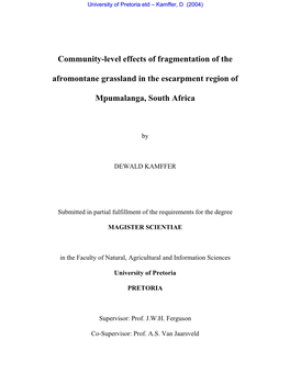 Community-Level Effects of Fragmentation of the Afromontane Grassland in the Escarpment Region Of