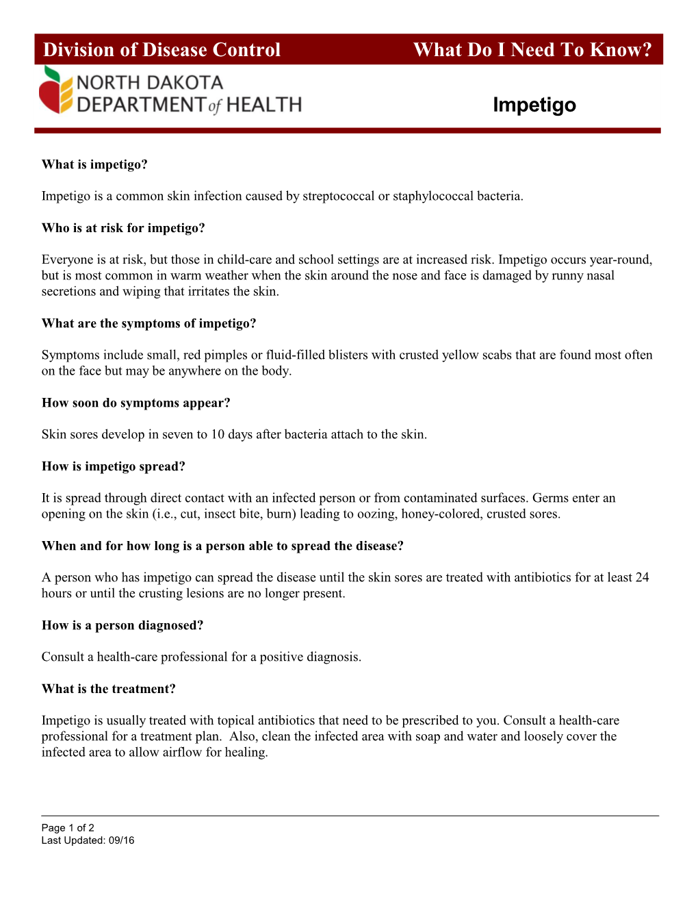 Impetigo Division of Disease Control What Do I Need to Know?