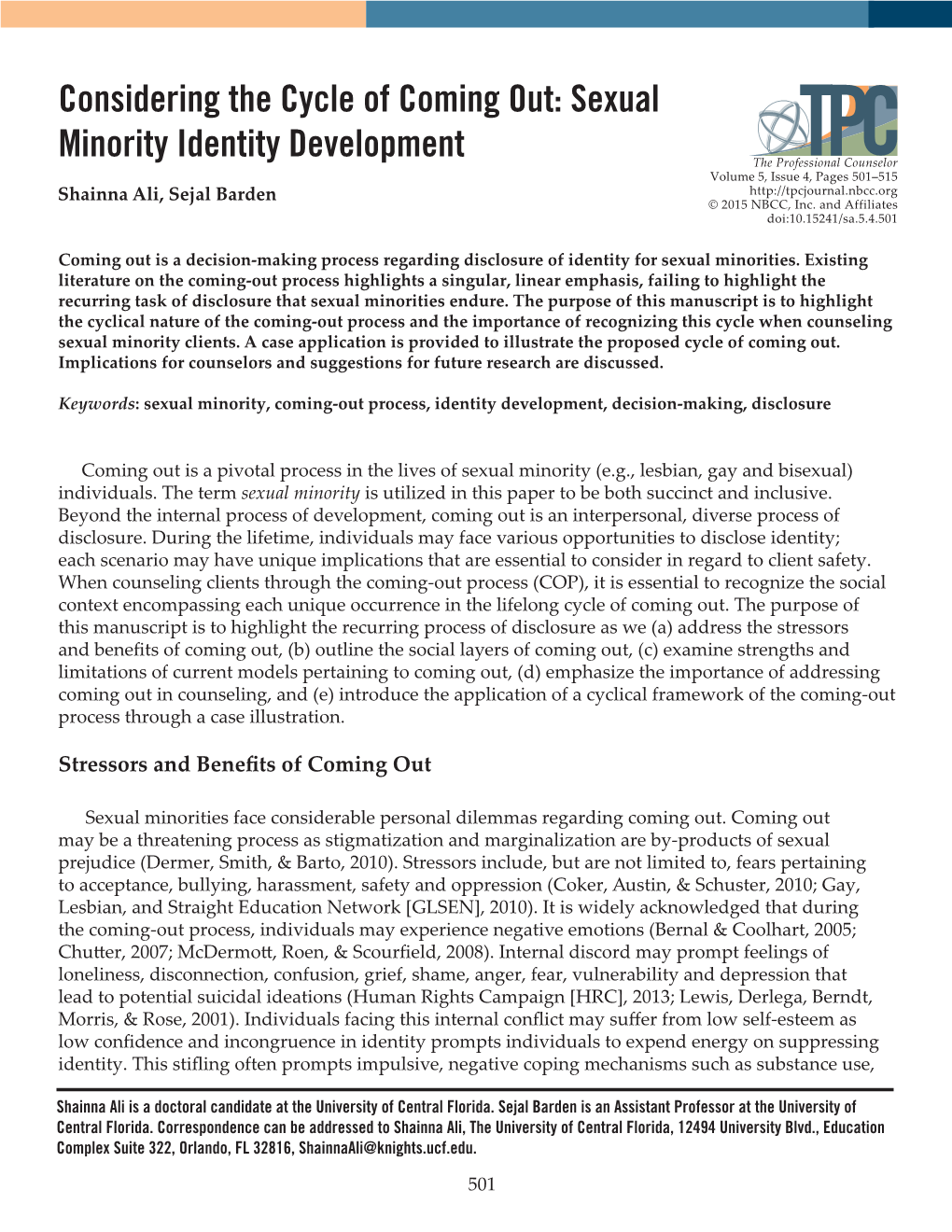 Considering the Cycle of Coming Out: Sexual Minority Identity Development