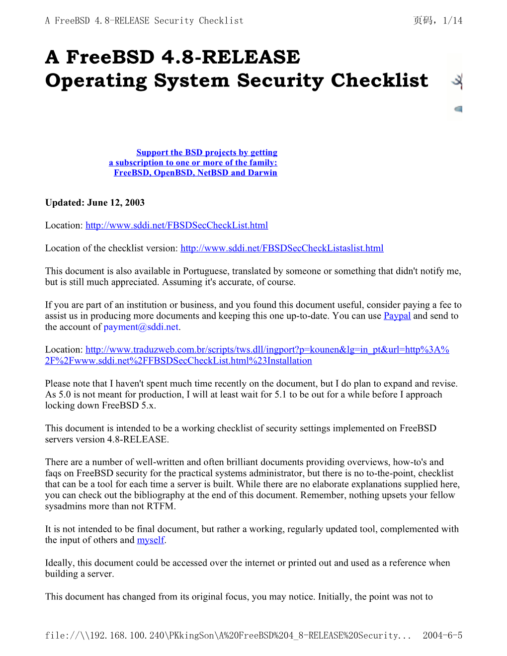 A Freebsd 4.8-RELEASE Operating System Security Checklist