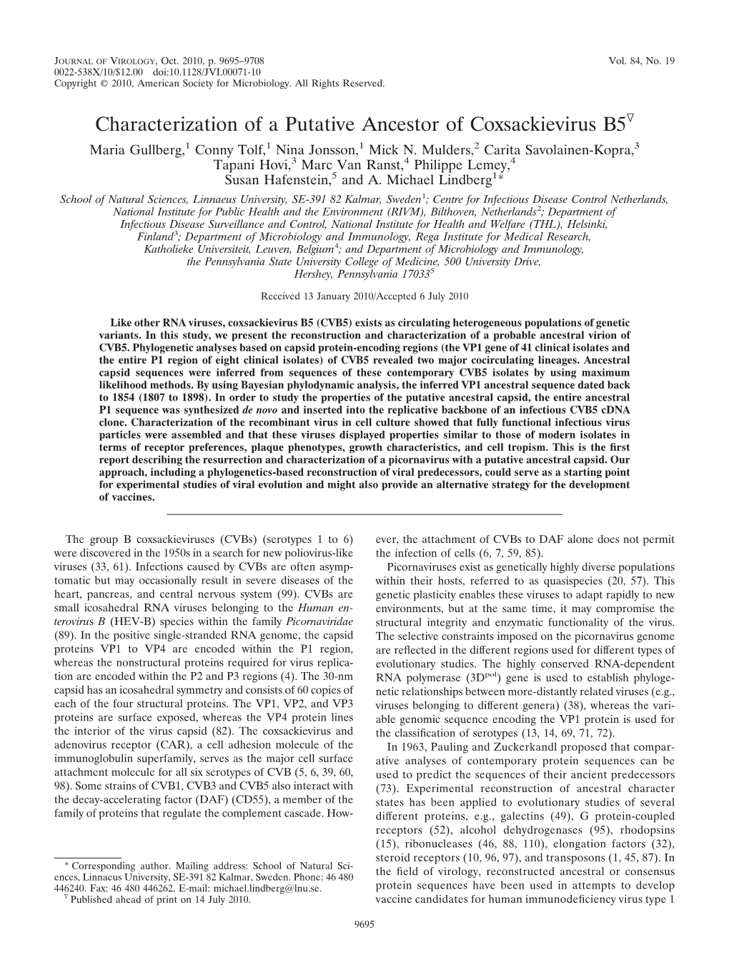 Characterization of a Putative Ancestor of Coxsackievirus B5ᰔ Maria Gullberg,1 Conny Tolf,1 Nina Jonsson,1 Mick N