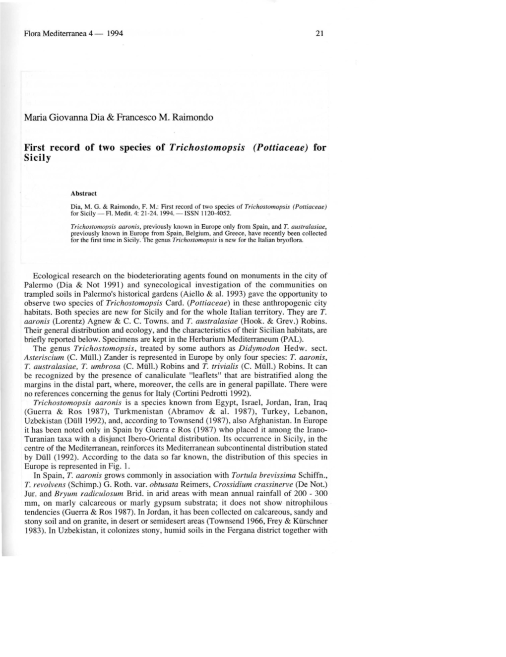 First Record of Two Species of Trichostomopsis (Pottiaceae) for Sicily