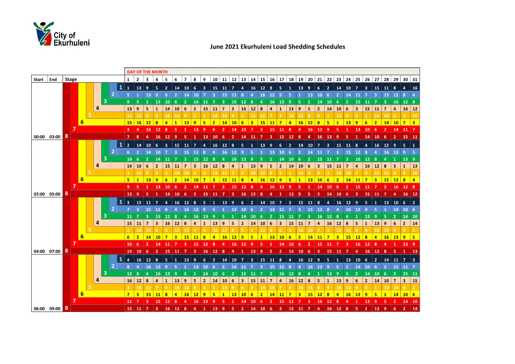 June 2021 Ekurhuleni Load Shedding Schedules