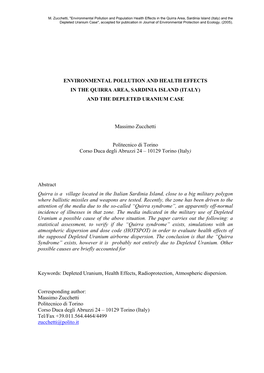 Environmental Pollution and Health Effects in the Quirra Area, Sardinia Island (Italy) and the Depleted Uranium Case