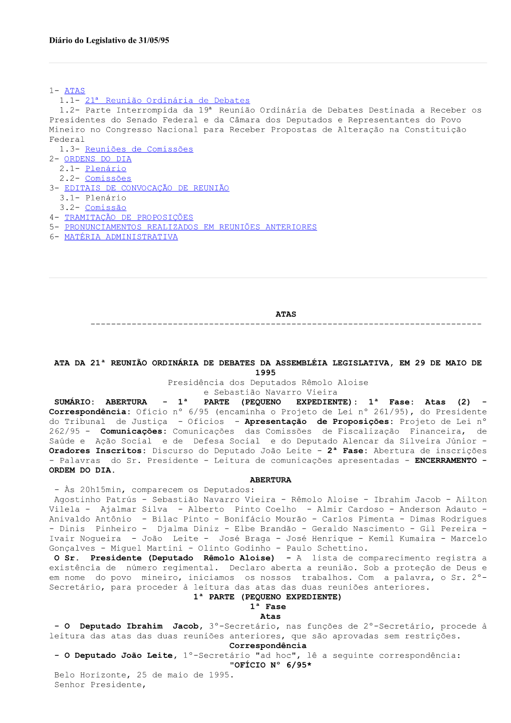 Diário Do Legislativo De 31/05/95