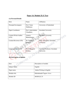 Paper 14; Module 25; E Text (A) Personal Details