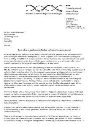 Rt. Hon. David Cameron MP Prime Minister 10 Downing Street London SW1A 2AA Dear Sir Open Letter on Public Science Funding and Nu