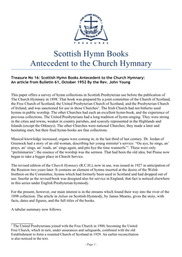 Scottish Hymn Books Antecedent to the Church Hymnary