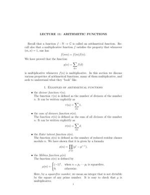 LECTURE 11: ARITHMETIC FUNCTIONS Recall That a Function F