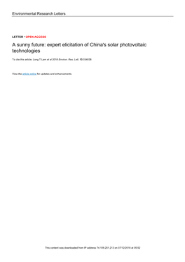 A Sunny Future: Expert Elicitation of China's Solar Photovoltaic Technologies