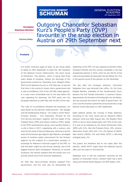 Outgoing Chancellor Sebastian Kurz's People's Party (ÖVP) Favourite in the Snap Election in Austria on 29Th September Next