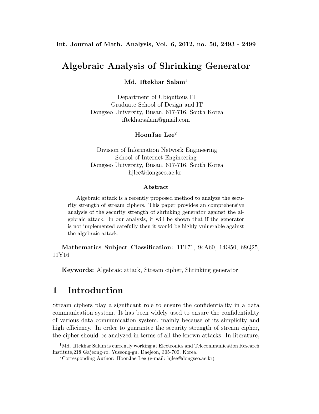 Algebraic Analysis of Shrinking Generator