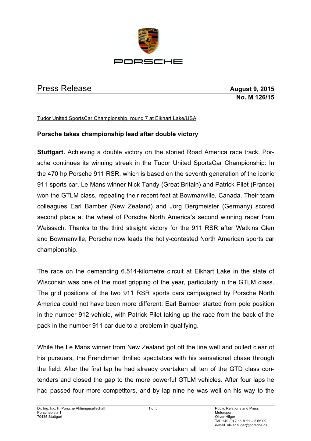 Press Release August 9, 2015 No