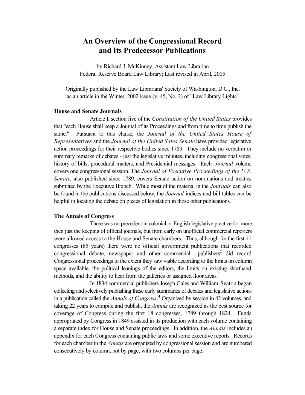 An Overview of the Congressional Record and Its Predecessor Publications