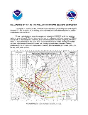 Re-Analysis of 1931 to 1935 Atlantic Hurricane Seasons Completed