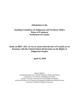 Submission to the Standing Committee on Indigenous And