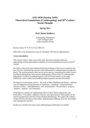 ANG 6930 (Section 3439): Theoretical Foundations of Anthropology and 20Th Century Social Thought