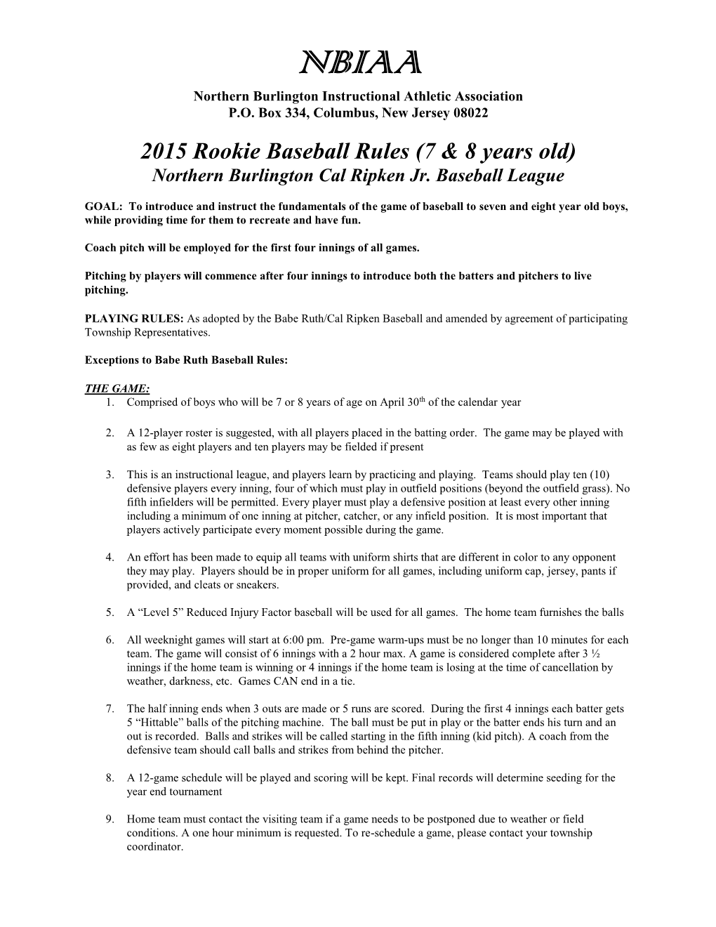 2015 Rookie Baseball Rules (7 & 8 Years Old)