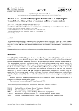 Revision of the Oriental Leafhopper Genus Destinoides Cai & He