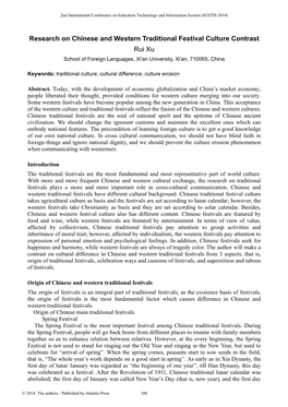 Research on Chinese and Western Traditional Festival Culture Contrast Rui Xu School of Foreign Languages, Xi'an University, Xi'an, 710065, China