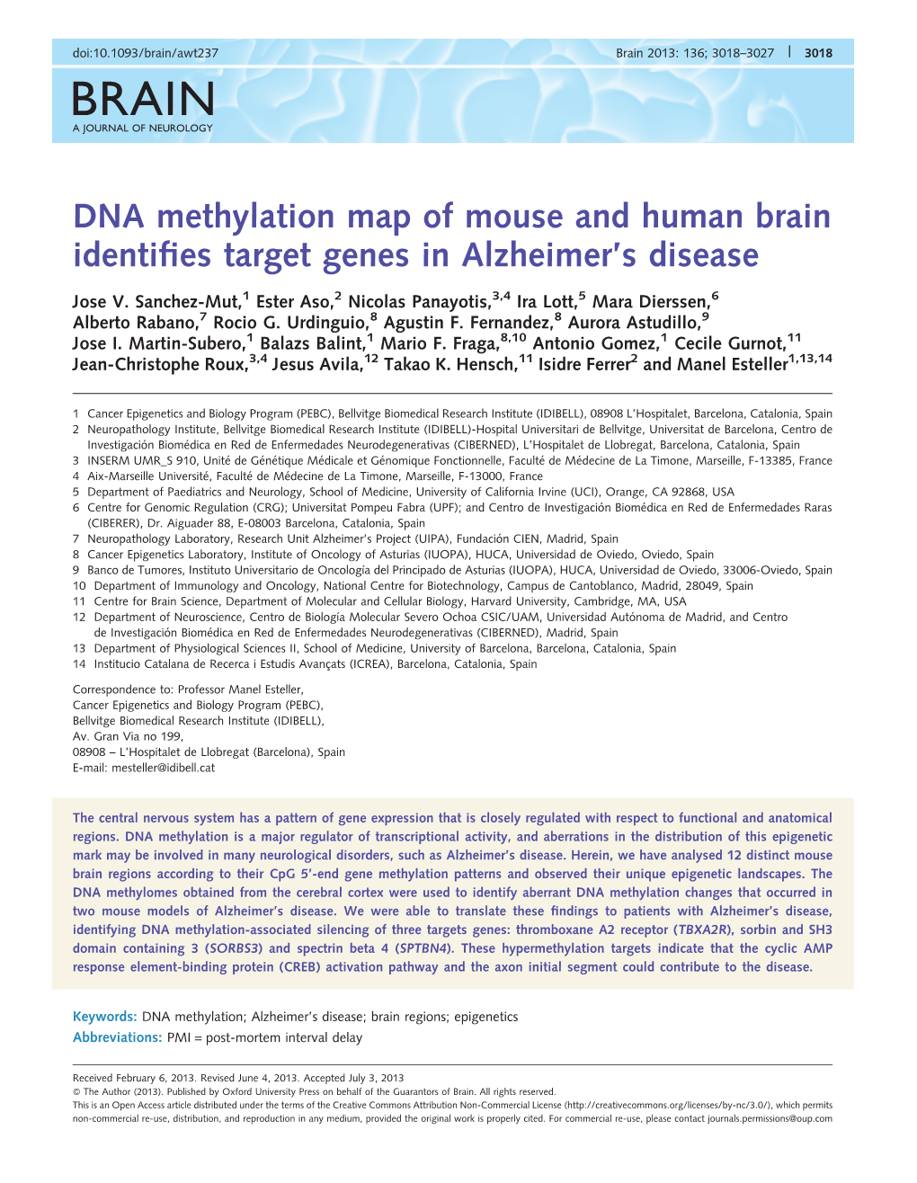 Dna Methylation Map Of Mouse And Human Brain Identifies Target Genes In Alzheimers Disease