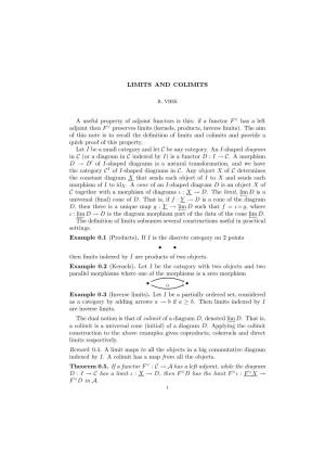 LIMITS and COLIMITS a Useful Property of Adjoint Functors Is This: If
