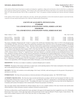 County of Allegheny, Pennsylvania $75,000,000 Tax and Revenue Anticipation Notes, Series a of 2012 $100,000,000 Tax and Revenue Anticipation Notes, Series B of 2012