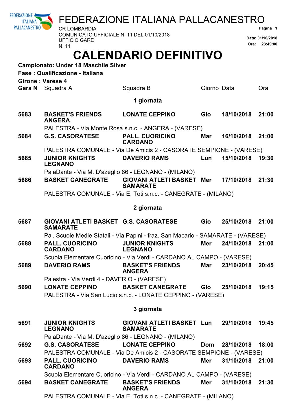 CALENDARIO DEFINITIVO Campionato: Under 18 Maschile Silver Fase : Qualificazione - Italiana Girone : Varese 4 Gara N Squadra a Squadra B Giorno Data Ora