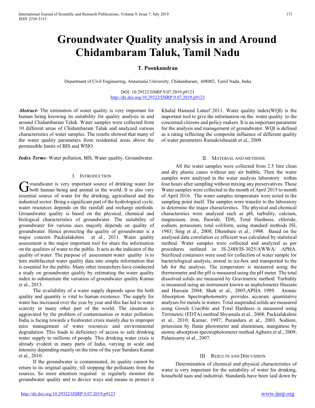 Groundwater Quality Analysis in and Around Chidambaram Taluk, Tamil Nadu