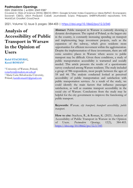 Analysis of Accessibility of Public Transport in Warsaw in the Opinion of Users