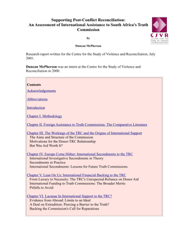 Supporting Post-Conflict Reconciliation: an Assessment of International Assistance to South Africa's Truth Commission