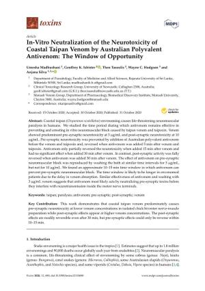 In-Vitro Neutralization of the Neurotoxicity of Coastal Taipan Venom by Australian Polyvalent Antivenom: the Window of Opportunity