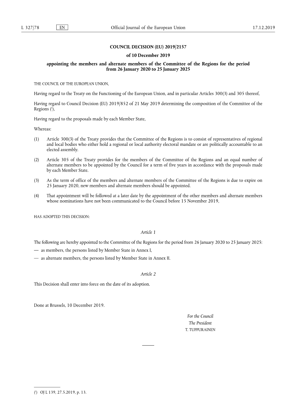 2019/2157 of 10 December 2019 Appointing the Members and Alternate Members of the Committee of the Regions for the Period from 26 January 2020 to 25 January 2025