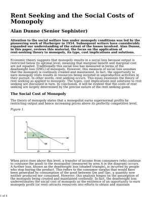 Rent Seeking and the Social Costs of Monopoly Alan Dunne (Senior Sophister)