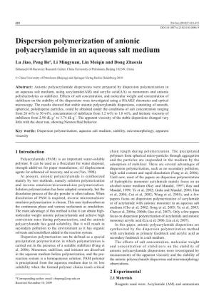 Dispersion Polymerization of Anionic Polyacrylamide in an Aqueous Salt Medium